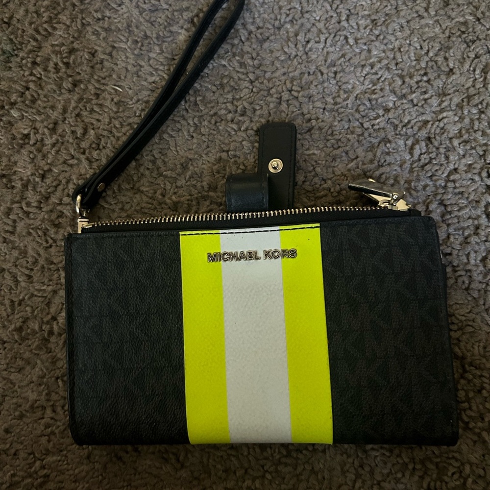 Michael Kors  Continental Wristlet Wallet Logo Monogram Neon Striped ii